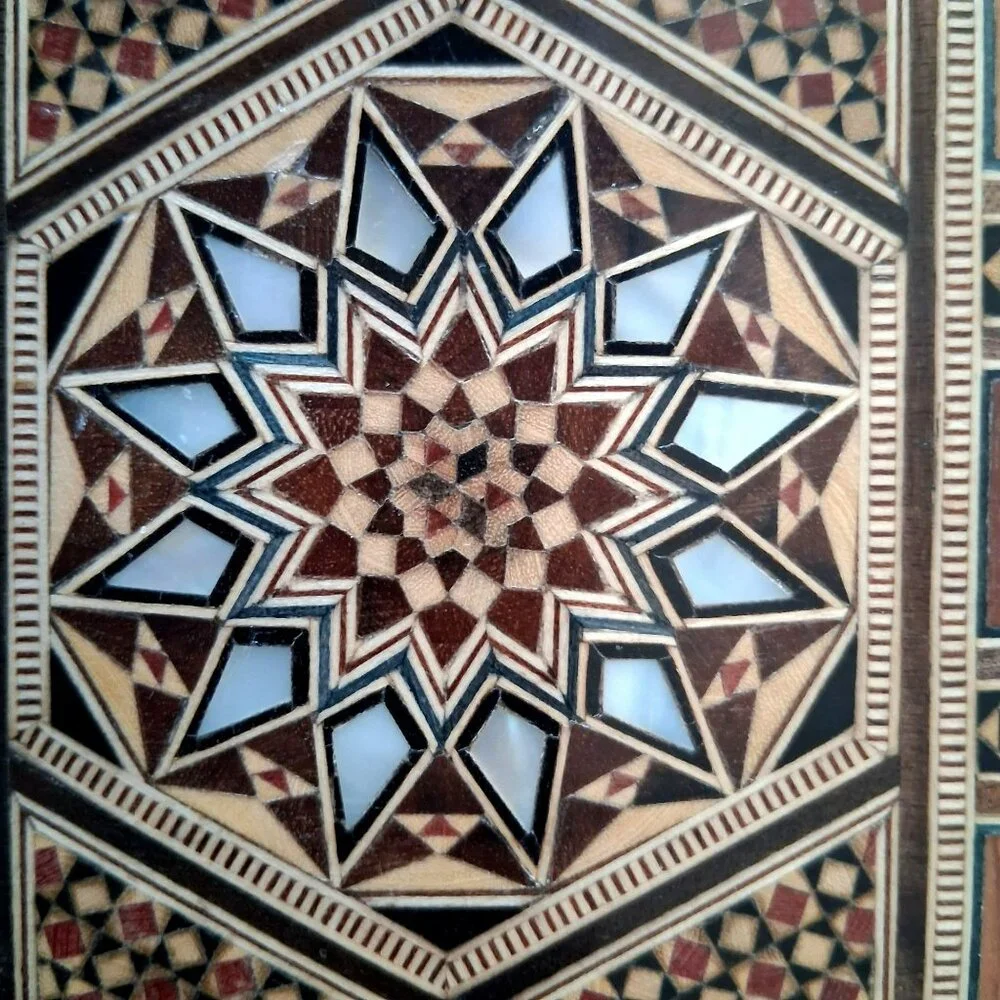 Vintage Handcrafted Wooden Inlaid Jewelry Box Mosaic Design Red Velvet Interior